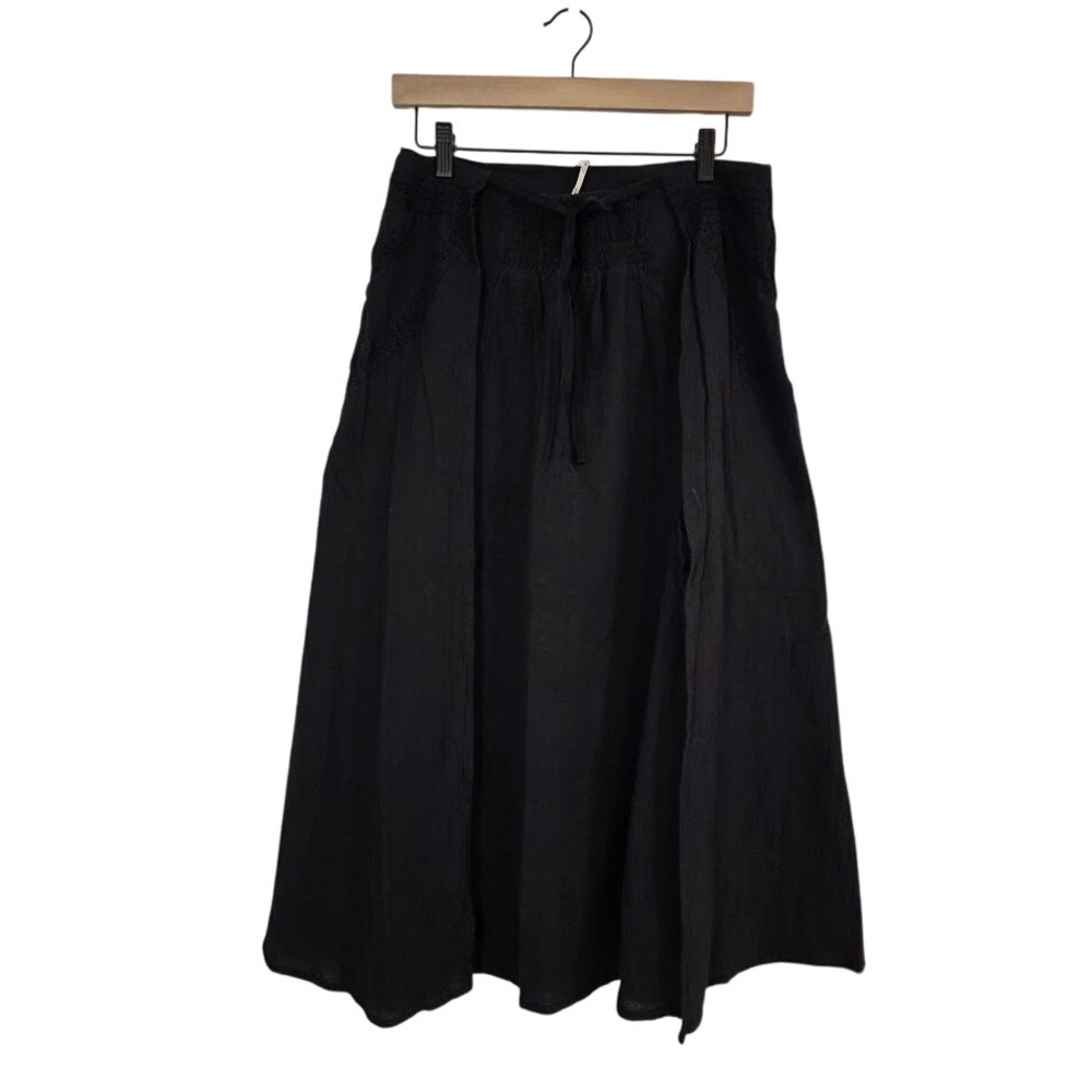 Free People XS Maxi Midi Skirt Black Cotton Gauze Crochet Lace Wrap Boho Slits